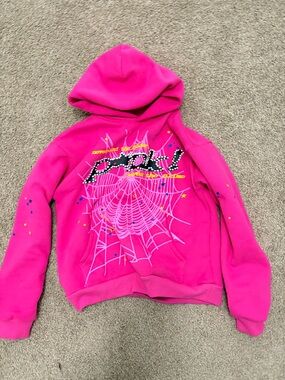 Bright Pink Graphic Pullover Hoodie with Spiderweb Design